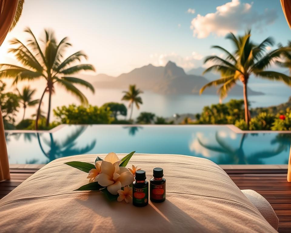 A serene wellness scene on Langkawi Island, showcasing a tranquil outdoor spa setting. In the foreground, a comfortable massage table with soft, natural fabrics is adorned with tropical flowers and soothing essential oils. In the middle ground, a calm infinity pool reflects the clear blue sky, surrounded by lush greenery and palm trees swaying gently in the breeze. The background features a stunning view of the island’s mountains under the warm glow of the golden hour sunlight, creating a peaceful and inviting atmosphere. Soft, natural lighting enhances the tranquil mood, while the overall composition evokes feelings of relaxation and rejuvenation.