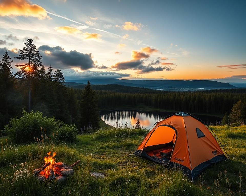 A serene wild camping scene in Sweden during a golden hour sunset. In the foreground, a cozy campsite with a tent pitched among lush green grass and wildflowers, a small campfire crackling nearby. The middle ground features a reflective lake, surrounded by dense pine forests, their silhouettes softly illuminated by the warm light. In the background, rolling hills stretch into the distance, partially shrouded by wispy clouds and a dusky sky painted in hues of orange and purple. The atmosphere is calm and inviting, evoking a sense of adventure and connection with nature. Capture this scene with a wide-angle lens to enhance the expansive beauty of the landscape, with soft, diffused lighting to create a tranquil ambiance.