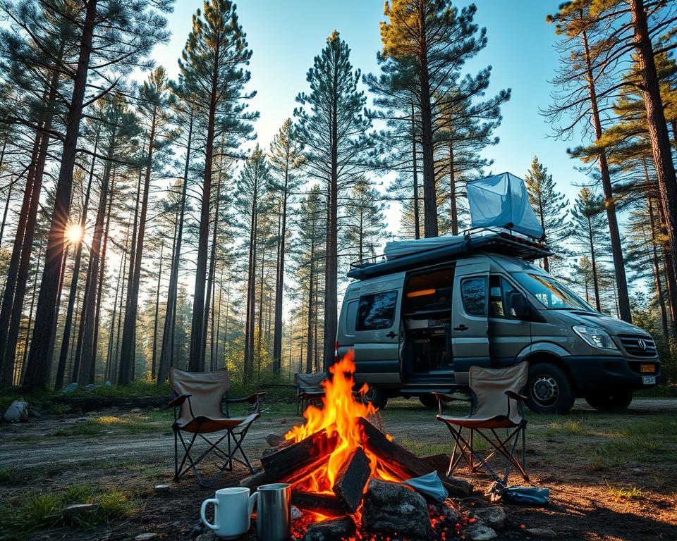 A serene wild camping scene in Sweden featuring a rugged camping vehicle parked amidst a lush forest. In the foreground, a cozy campfire crackles with glowing embers, surrounded by comfortable camping chairs and a small wooden table set with a steaming mug. The middle ground includes the vehicle, a well-equipped camper van with roof racks and outdoor gear visible, partially draped with a light tarp, suggesting readiness for adventure. In the background, tall pine trees stretch toward a clear blue sky, with soft, dappled sunlight filtering through the branches, creating a warm and inviting atmosphere. The scene evokes a sense of tranquility and connection to nature, ideal for outdoor enthusiasts. Use a wide-angle lens to capture the expansive landscape.