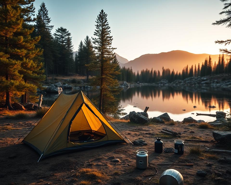 A serene wilderness scene depicting eco-friendly wild camping in Sweden. In the foreground, a small, tidy campsite with a pitched tent made from sustainable materials, surrounded by minimalistic camping gear and a portable, eco-friendly stove. In the middle, a tranquil lake reflects the surrounding lush pine trees and rocky terrain, illustrating a pristine natural environment. The background features distant mountains, softly illuminated by the warm glow of a sunset, casting golden hues across the landscape. The lighting creates a peaceful atmosphere, highlighting the importance of sustainability and nature preservation. The scene conveys a sense of harmony and respect for the environment, ideal for illustrating "Leave No Trace" camping principles.