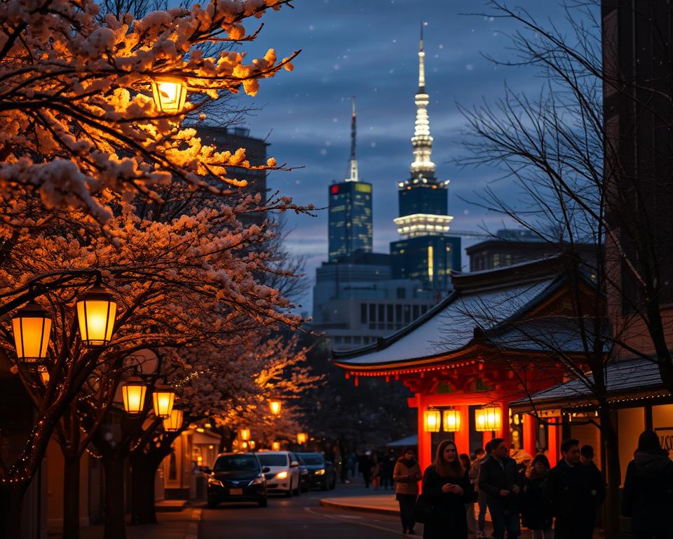 A serene winter evening in Tokyo, with twinkling lights adorning the trees and buildings, illuminating the streets with a warm golden glow. In the foreground, a quiet alleyway lined with cherry blossom trees, their branches dusted with fluffy snowflakes. The middle ground features a traditional Japanese shrine, beautifully lit with lanterns, surrounded by clusters of people in modest winter attire, enjoying the atmosphere. The background showcases the iconic Tokyo skyline, with skyscrapers partially shrouded in soft, swirling snowflakes against a deep twilight sky. The scene conveys a tranquil, magical ambiance, with gentle light reflections creating an enchanting effect. The image should be captured with a soft focus lens to enhance the dreamy quality, emphasizing the quietude of winter in the bustling city.