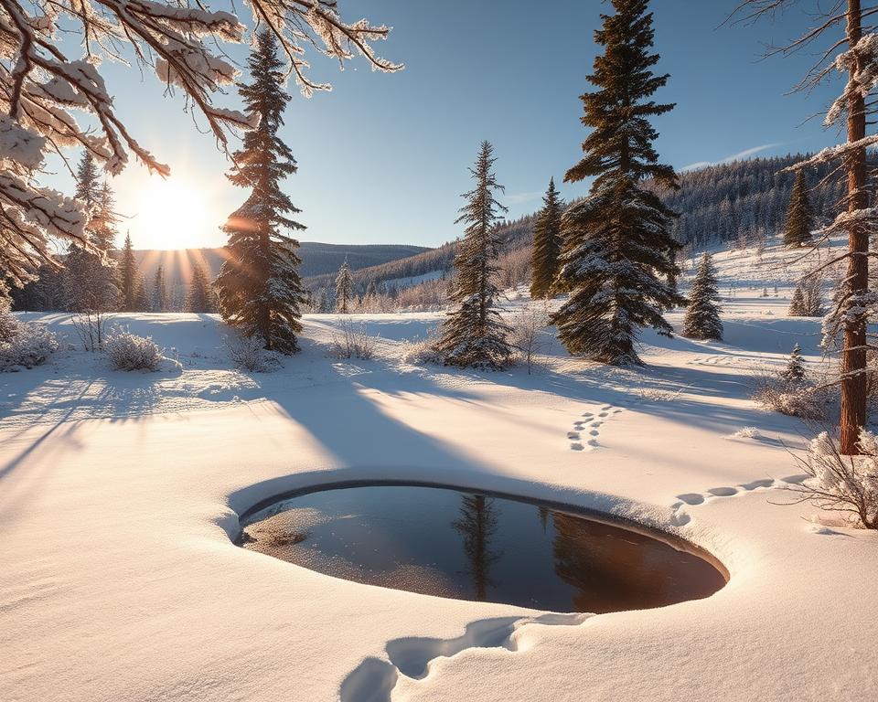 A serene winter landscape in Algonquin Provincial Park, showcasing a blanket of fresh snow covering the ground and delicate frost on tree branches. In the foreground, a small frozen pond glistens under soft, diffused sunlight, with small animal tracks leading towards it. The middle ground features tall evergreen trees, their branches heavy with snow, creating a picturesque scene. In the background, gentle hills are dusted with snow, illuminated by warm golden light from a low winter sun, casting elongated shadows. The atmosphere is tranquil and inviting, evoking a sense of peace and adventure in nature. The image captures the essence of winter activities in a Canadian national park, emphasizing the beauty and stillness of the snowy wilderness.