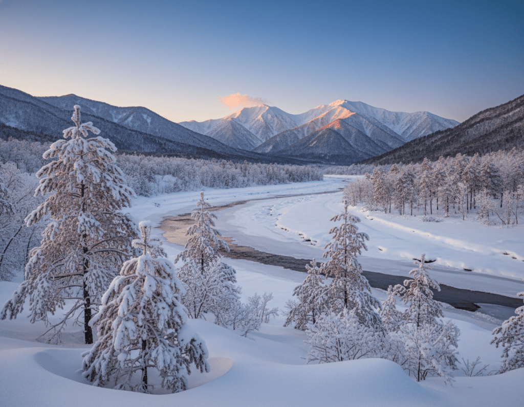 A serene winter scene in Shiretoko National Park, Japan, showcasing a landscape blanketed in pristine white snow. In the foreground, frosted pine trees stand tall, their branches heavy with shimmering snowflakes, casting soft shadows on the snow below. The middle section features a frozen river with jagged ice formations, glistening under the soft golden light of the late afternoon sun. In the background, majestic mountains rise, their peaks dusted with snow against a clear blue sky. The atmosphere is tranquil and crisp, evoking a sense of untouched beauty and serenity in nature. Capture the soft glow of twilight as it casts a warm hue over the landscape, highlighting the textures of the snow and ice.
