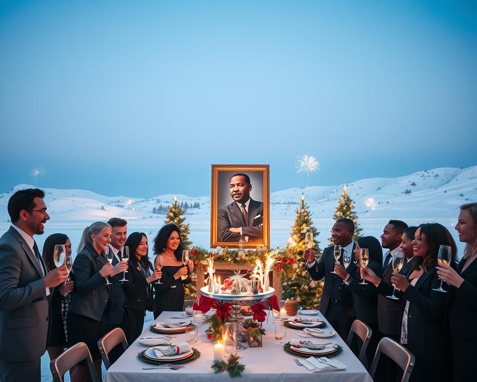 A serene winter scene symbolizing the New Year and Martin Luther King Jr. Day in the USA. In the foreground, a diverse group of people dressed in professional business attire joyfully celebrating with champagne glasses, standing around a decorated New Year's table adorned with greenery and sparklers. In the middle ground, a large, framed photo of Martin Luther King Jr. stands among cozy holiday decorations, with quotes from his speeches subtly incorporated into the decor. In the background, a snowy landscape under a clear blue sky, with hints of fireworks lighting up the night. The mood is uplifting and hopeful, illuminated by soft, warm lighting that enhances the festive atmosphere, captured from a slightly elevated angle to provide a panoramic view of the celebration.