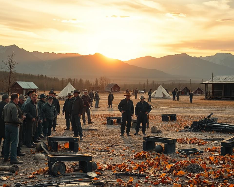A serene yet melancholic scene depicting the end of the Klondike Gold Rush. In the foreground, small groups of weary prospectors in modest clothing gather around empty gold pans and abandoned mining tools, their expressions reflecting exhaustion and disillusionment. In the middle ground, a fading wooden mining camp is visible, with tents and makeshift cabins being dismantled, hinting at the end of their hopeful journey. The background features the majestic Yukon mountains under a soft, golden sunset, casting warm light upon the desolate landscape. A gentle breeze stirs the fallen leaves, enhancing the atmosphere of loss and nostalgia. Use a wide-angle lens to capture the depth of the scene, with soft, diffused lighting to evoke a poignant mood that reflects the conclusion of their great adventure.