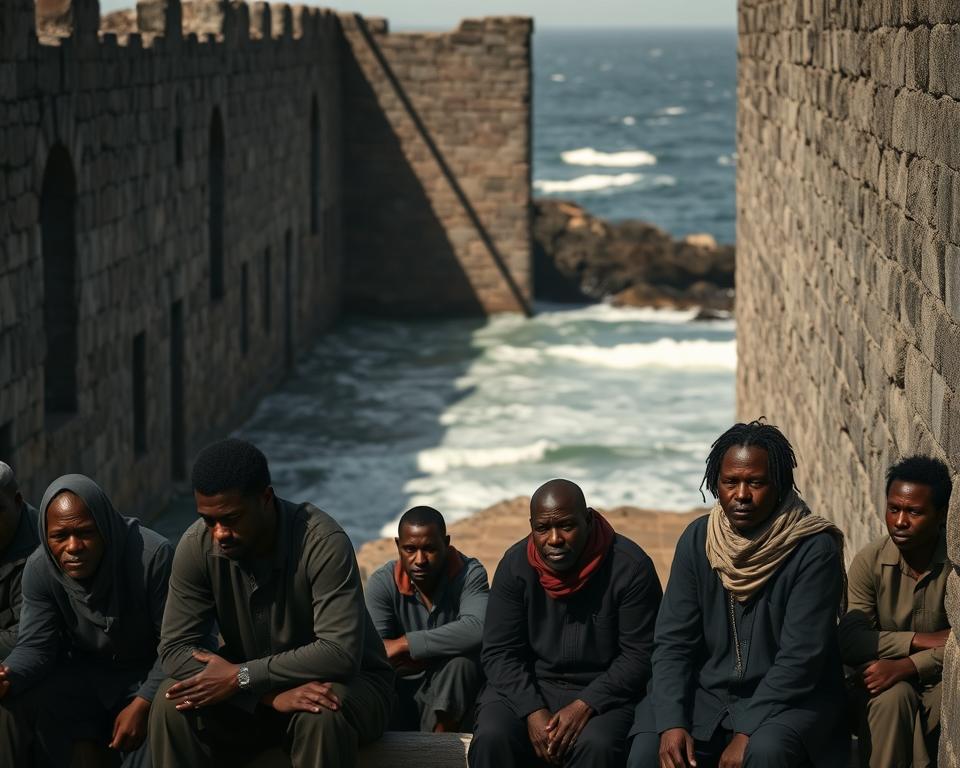 A somber scene depicting political prisoners on Robben Island, set within the stark, historical prison environment. In the foreground, a small group of men and women, dressed in modest clothing, sit in contemplative poses, reflecting resilience and strength. Their expressions convey a mix of determination and sorrow. The middle ground features the imposing stone walls of the prison, with shadows casting dramatic patterns, enhancing the mood of confinement and struggle. In the background, the ocean is visible, its waves contrasting with the harshness of the prison. Soft, muted lighting evokes a sense of history and gravity, with an emphasis on the emotional weight of their stories. The angle is slightly elevated, capturing the prisoners in a natural, respectful manner, emphasizing their dignity amidst adversity.