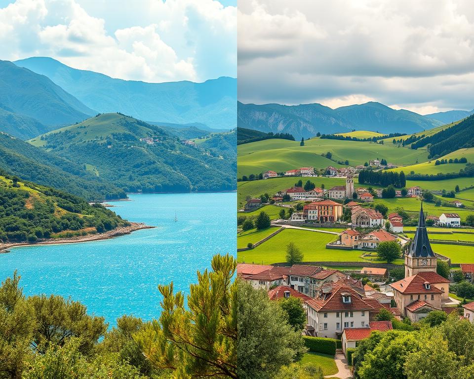A split landscape showcasing a vibrant Albanian climate on one side and a typical Central European climate on the other. In the foreground, depict a sunny Albanian coastal scene with lush green hills, olive trees, and the sparkling Adriatic Sea, illustrating a warm Mediterranean vibe. The middle ground features distinct elements of Central Europe, including rolling green pastures, quaint villages with traditional stone houses, and a cloudy sky hinting at a cooler climate. In the background, mountains harmonize both sides, representing geographical transitions. Use soft, warm lighting to emphasize the brightness of Albania and a cooler, muted tone for Central Europe, adding depth to the composition. The overall mood should contrast warmth and vibrancy with serene coolness, illustrating the climatic differences vividly. A split landscape showcasing a vibrant Albanian climate on one side and a typical Central European climate on the other. In the foreground, depict a sunny Albanian coastal scene with lush green hills, olive trees, and the sparkling Adriatic Sea, illustrating a warm Mediterranean vibe. The middle ground features distinct elements of Central Europe, including rolling green pastures, quaint villages with traditional stone houses, and a cloudy sky hinting at a cooler climate. In the background, mountains harmonize both sides, representing geographical transitions. Use soft, warm lighting to emphasize the brightness of Albania and a cooler, muted tone for Central Europe, adding depth to the composition. The overall mood should contrast warmth and vibrancy with serene coolness, illustrating the climatic differences vividly.