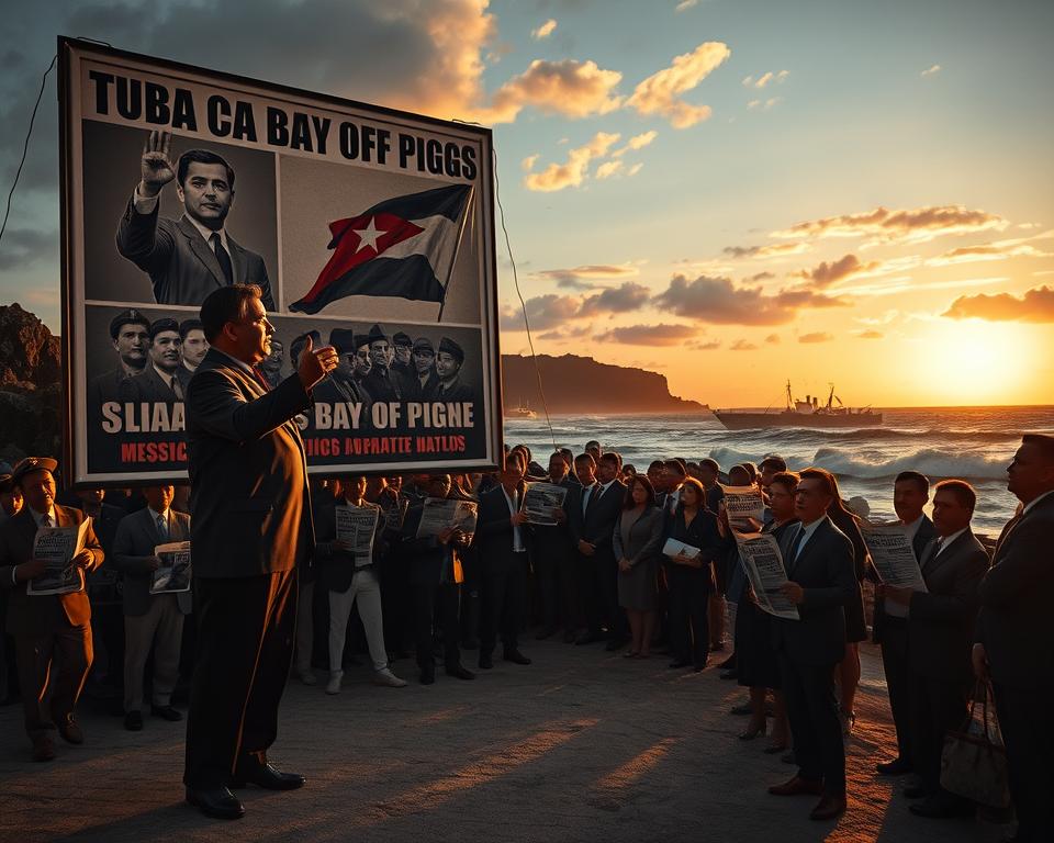A stark and thought-provoking scene depicting the Cuban Bay of Pigs during the early 1960s, illustrating the intense atmosphere of political propaganda. In the foreground, a Cuban government official in professional attire stands confidently, gesturing towards a large poster displaying revolutionary imagery and slogans. In the middle ground, a crowd of well-dressed citizens watches intently, some holding newspapers with headlines about the event, underscoring the media’s role in shaping narratives. The background features a dramatic coastal landscape with waves crashing against rocks, and a hint of military presence with ships silhouetted against a sunset sky, casting warm golden light and deepening shadows. This blend creates a compelling atmosphere of urgency and ideological fervor, inviting viewers to reflect on the powerful impact of propaganda.