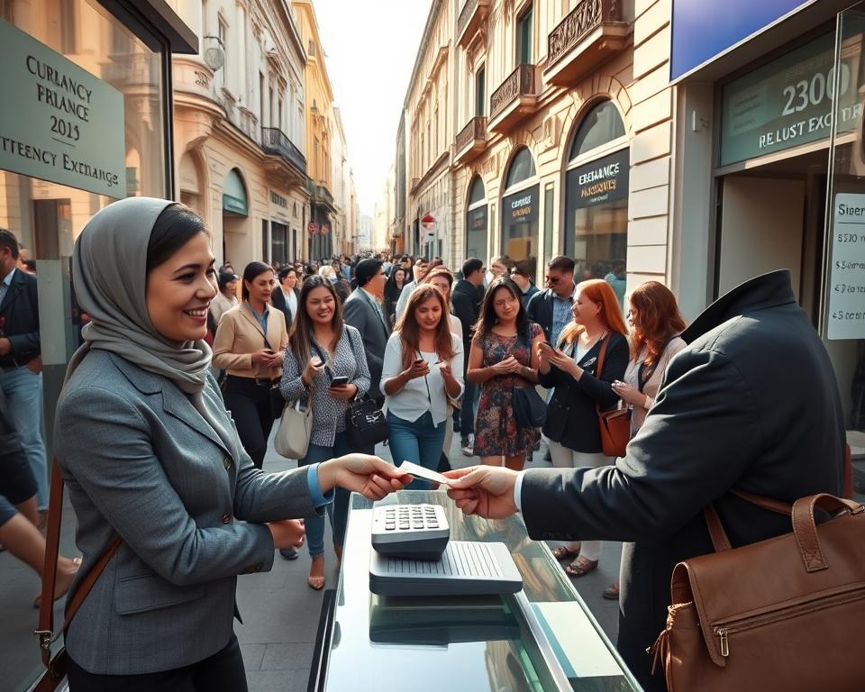 A street scene in Buenos Aires, showcasing a safe and reliable currency exchange area. In the foreground, a professional-looking woman in modest business attire is handing over cash to a friendly currency exchange operator behind a secure glass counter. The operator is smiling, using a calculator, surrounded by clear signage displaying exchange rates. In the middle ground, diverse tourists and locals are observing the process, some looking at their phones for real-time rates, others chatting in small groups. The background features iconic Buenos Aires architecture, with warm sunlight bathing the scene, creating a welcoming atmosphere. The angle is slightly elevated, capturing the bustling street life while maintaining a focus on the currency exchange interaction, evoking a sense of security and trust.