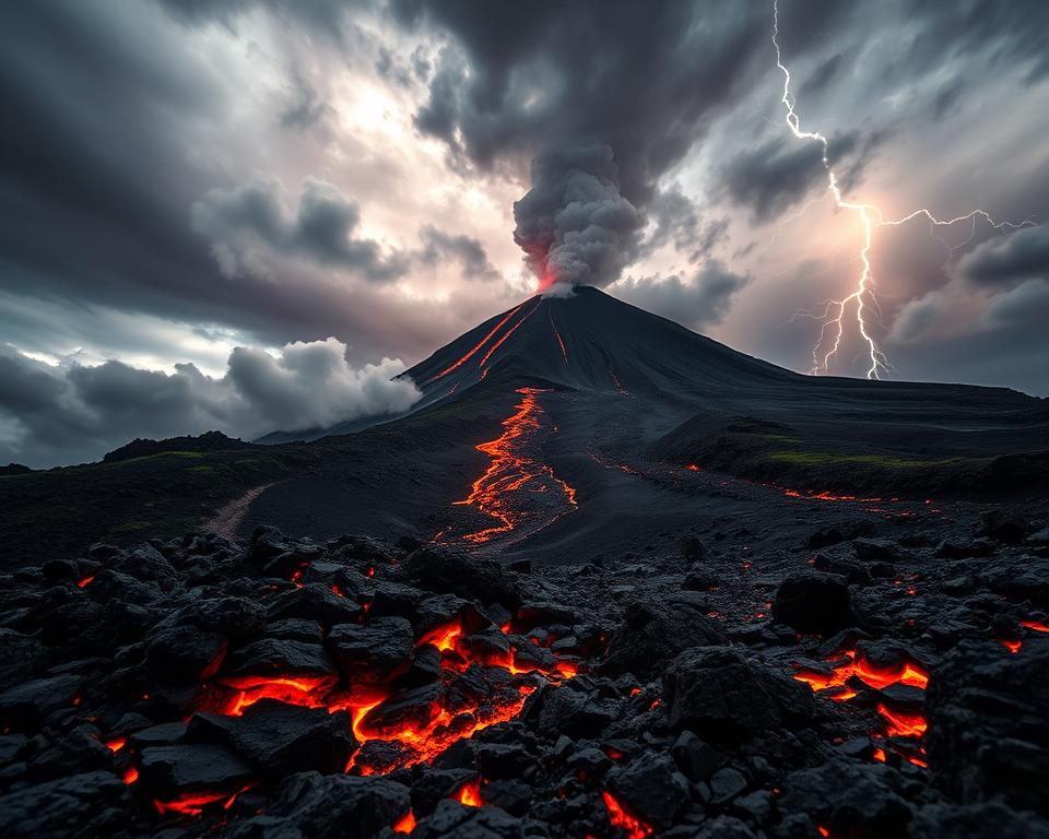 A striking scene of an active volcano showcasing its imposing stature. In the foreground, vibrant lava flows with glowing orange and red hues illuminating the rocky terrain, while small bursts of steam rise above. The middle ground features the volcano’s rugged slopes, adorned with dark volcanic rocks and patches of green vegetation, hinting at life rebounding in the aftermath of eruptions. In the background, a dynamic sky filled with dark, swirling clouds reflects the mood of volatility, with cracks of bright lightning illuminating the scene. The overall atmosphere is dramatic and awe-inspiring, emphasizing the power and energy of geological activity. The angle captures a low perspective, showcasing the volcano's majesty against the ominous sky, suggesting movement and intensity of the natural forces at play. A striking scene of an active volcano showcasing its imposing stature. In the foreground, vibrant lava flows with glowing orange and red hues illuminating the rocky terrain, while small bursts of steam rise above. The middle ground features the volcano’s rugged slopes, adorned with dark volcanic rocks and patches of green vegetation, hinting at life rebounding in the aftermath of eruptions. In the background, a dynamic sky filled with dark, swirling clouds reflects the mood of volatility, with cracks of bright lightning illuminating the scene. The overall atmosphere is dramatic and awe-inspiring, emphasizing the power and energy of geological activity. The angle captures a low perspective, showcasing the volcano's majesty against the ominous sky, suggesting movement and intensity of the natural forces at play.
