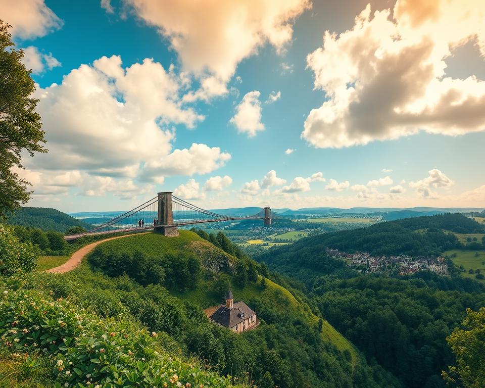 A stunning Eifel landscape capturing an array of popular excursion sites. In the foreground, a scenic hiking trail with lush green foliage and small wildflowers. In the middle ground, the iconic Hängebrücke Eifel elegantly spanning a deep valley, with a few adventurous visitors crossing it. In the background, rolling hills dotted with charming villages and dense forests under a bright blue sky, with soft, fluffy clouds casting dappled sunlight on the landscape. The atmosphere is vibrant and inviting, evoking a sense of adventure and exploration. Use a wide-angle lens to enhance depth and a warm golden hour lighting to create a welcoming glow. The image should feel serene yet thrilling, perfect for inspiring weekend getaways in the Eifel region.