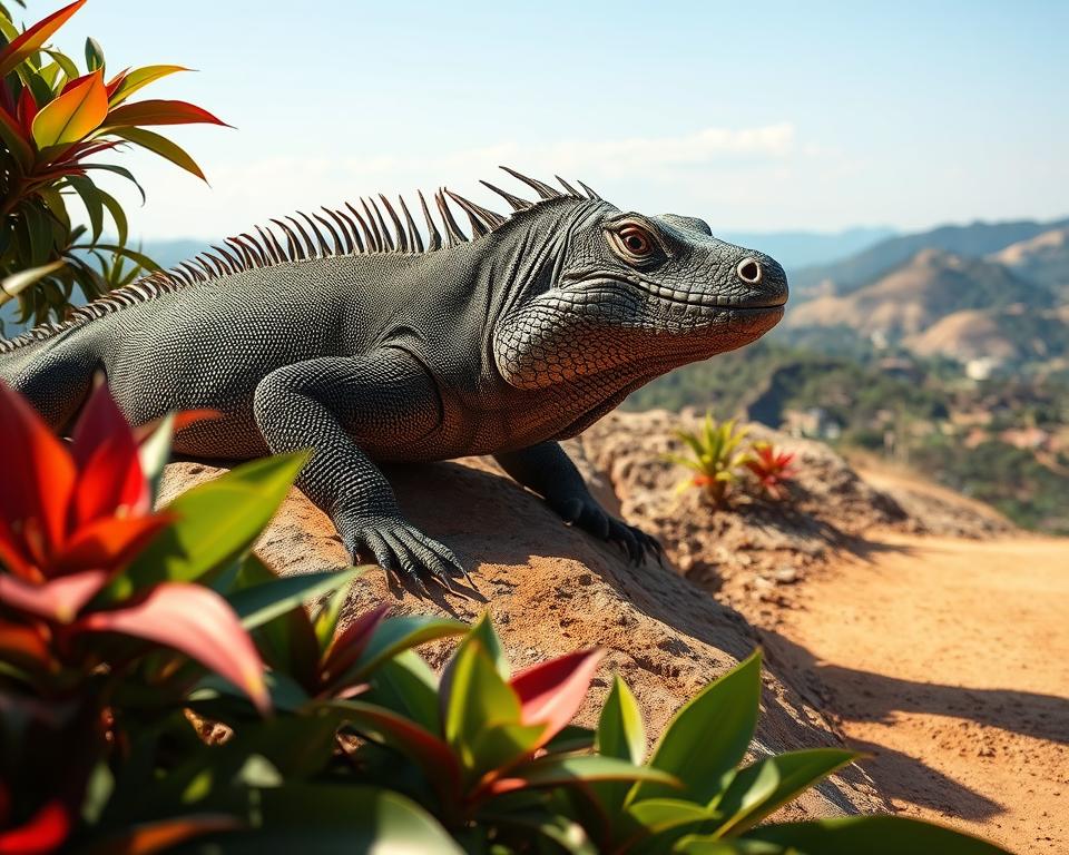 A stunning Komodo dragon basking in the warm afternoon sun, showcasing its distinctive scaly skin with shades of dark green and brown. The scene captures the dragon's powerful, muscular build and piercing amber eyes, elegantly positioned on a rocky outcrop in Loh Liang National Park. In the foreground, vibrant tropical foliage adds a rich texture, while the middle ground features the lizard on a dusty path, surrounded by the natural beauty of the park. In the background, rolling hills and a bright blue sky create a serene atmosphere. The lighting is natural and soft, emphasizing the creature's formidable presence as it rests, evoking a sense of awe and respect for this magnificent living dragon. A stunning Komodo dragon basking in the warm afternoon sun, showcasing its distinctive scaly skin with shades of dark green and brown. The scene captures the dragon's powerful, muscular build and piercing amber eyes, elegantly positioned on a rocky outcrop in Loh Liang National Park. In the foreground, vibrant tropical foliage adds a rich texture, while the middle ground features the lizard on a dusty path, surrounded by the natural beauty of the park. In the background, rolling hills and a bright blue sky create a serene atmosphere. The lighting is natural and soft, emphasizing the creature's formidable presence as it rests, evoking a sense of awe and respect for this magnificent living dragon.