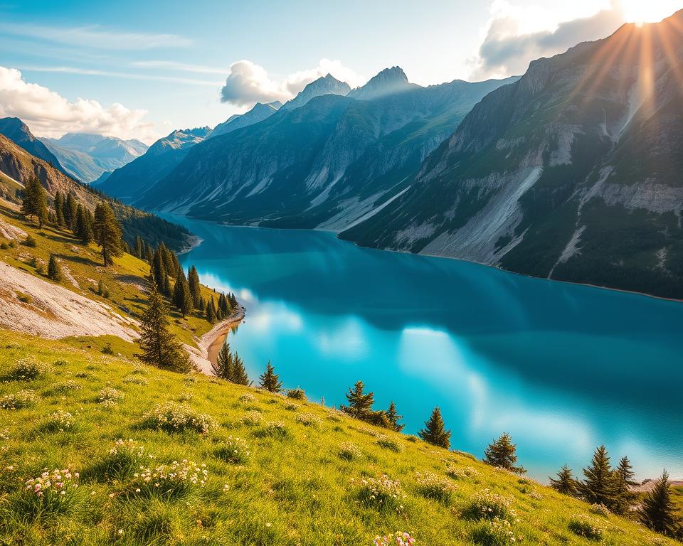 A stunning aerial view of Komani Lake in Northern Albania, showcasing its crystal-clear turquoise waters nestled among dramatic mountains. In the foreground, a gentle slope covered with lush green grass and wildflowers leads to the lake's edge. The middle ground features the vibrant blue water of the lake, reflecting the sky, bordered by steep, rocky cliffs adorned with patches of pine trees. In the background, towering mountain peaks rise majestically, partially shrouded in soft, white clouds. The lighting is warm and golden, suggesting either early morning or late afternoon, casting a serene glow over the landscape. The composition should evoke a sense of adventure and tranquility, inviting viewers to explore this hidden gem of nature.