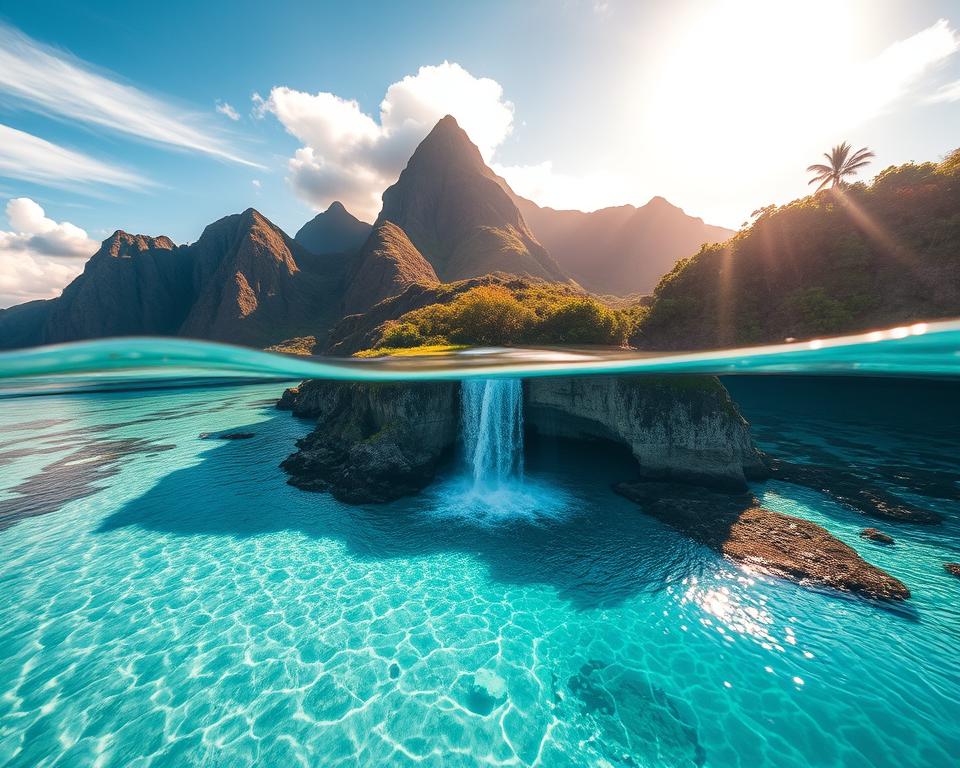 A stunning aerial view of Le Morne, Mauritius, showcasing the breathtaking underwater waterfall illusion created by sediment and ocean currents. In the foreground, vibrant turquoise waters enhance the optical illusion, with clear visibility of the sandy seabed. The middle ground features the dramatic silhouette of Le Morne Brabant mountain rising majestically, surrounded by lush green vegetation that adds depth and texture. In the background, the sky is bright and clear, with soft, wispy clouds illuminated by the warm glow of the sun, casting gentle reflections on the water's surface. The overall atmosphere is tranquil and inviting, evoking a sense of adventure and exploration, perfect for planning a budget-friendly excursion. The perspective is slightly tilted, giving a dynamic feel to the composition that draws the viewer's eye toward the underwater waterfall effect.