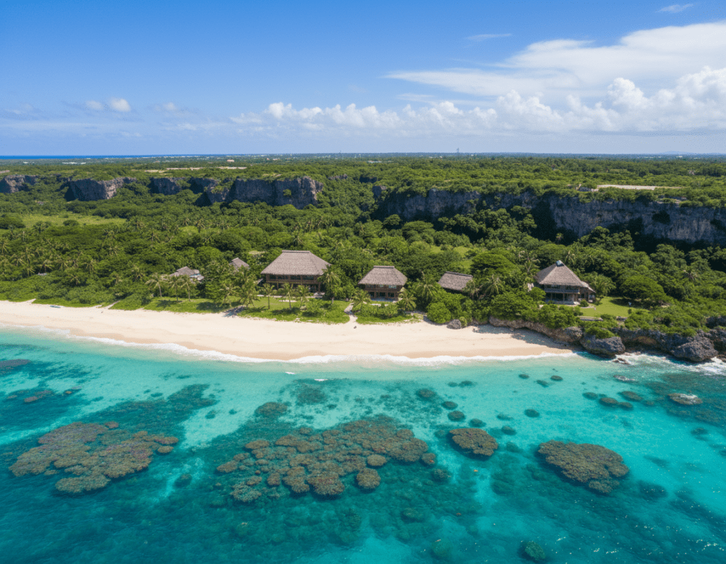 A stunning aerial view of Okinawa, Japan's tropical paradise. The foreground features pristine white sandy beaches with gentle waves lapping at the shore, dotted with vibrant coral and tropical fish visible in the crystal-clear turquoise water. The middle ground showcases lush green vegetation and unique subtropical flora, with a few traditional Okinawan houses made of warm wood and thatched roofs peeking through the trees. In the background, dramatic limestone cliffs rise against a bright blue sky, with fluffy white clouds casting soft shadows on the land. The lighting is bright and cheerful, capturing the serene atmosphere of a sunny day. The image is taken from a drone perspective, emphasizing the beauty of nature and culture in Okinawa.