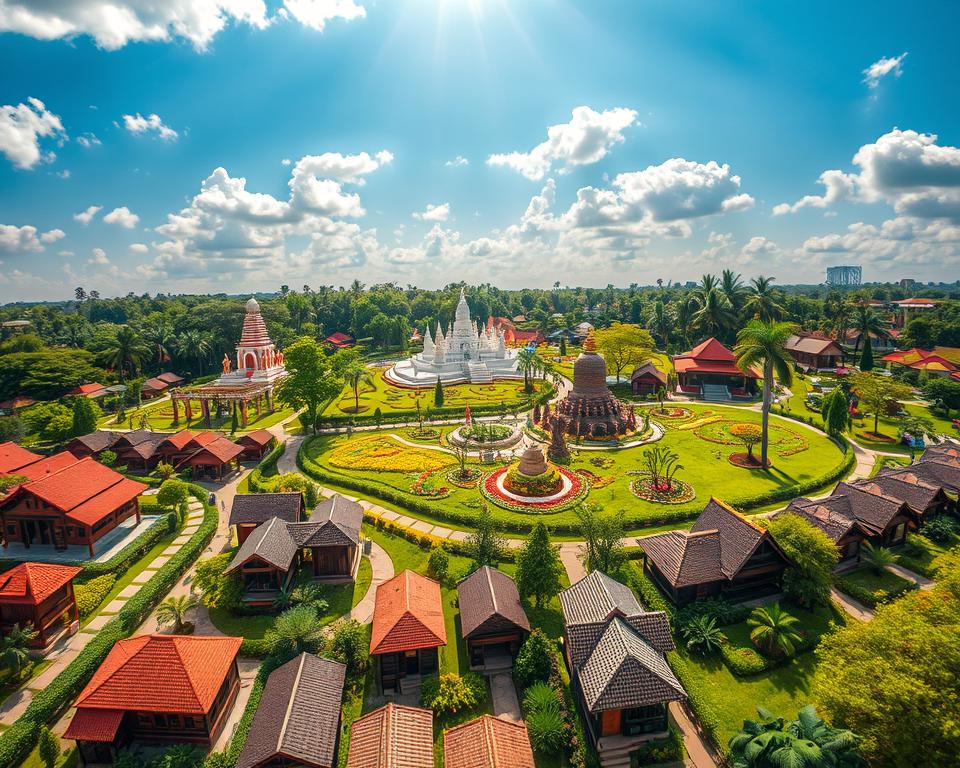 A stunning aerial view of Taman Mini Indonesia Indah, showcasing a vibrant landscape that represents Indonesia in miniature. In the foreground, intricate traditional Indonesian houses from various regions are meticulously arranged, surrounded by lush greenery. In the middle ground, colorful gardens and small replicas of famous Indonesian landmarks, such as Borobudur and the Bali temple, draw the viewer’s attention. The background features a clear blue sky with sunlight filtering through fluffy white clouds, creating a warm and inviting atmosphere. Capture the scene from a high angle to emphasize the layout and detail, using a soft focus to highlight the lush textures of the gardens. The overall mood is serene and picturesque, reflecting the cultural richness of Indonesia in a delightful, engaging manner.