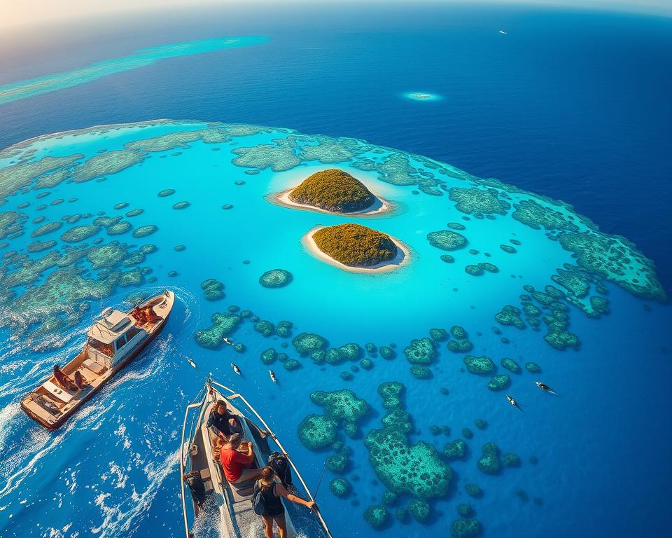 A stunning aerial view of the Great Barrier Reef in Australia during the optimal travel season, showcasing vibrant blue waters teeming with coral reefs. In the foreground, small boats with tourists in modest casual clothing explore the water, while a group of divers marvels at the underwater life, captured in a dynamic angle that highlights both the reef and the activities above the surface. In the middle ground, lush green islands dot the seascape, and the sunlight glimmers off the waves, creating a warm and inviting atmosphere. The background features a bright clear sky transitioning into golden hues of sunset, enhancing the tranquil yet adventurous mood of this tropical paradise. The image is illuminated with natural lighting, emphasizing the vivid colors of the coral and the lively marine life below.