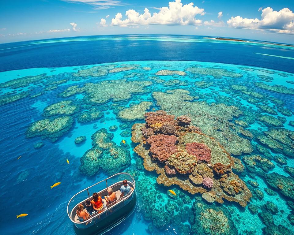 A stunning aerial view of the Great Barrier Reef showcasing vibrant coral reefs teeming with colorful marine life. In the foreground, a small glass-bottom boat with tourists in modest casual clothing observing the underwater wonders. The middle ground features a vivid array of coral formations in hues of blue, pink, and yellow, with tropical fish darting among them. In the background, the crystal-clear turquoise waters merge with the azure sky, dotted with a few fluffy white clouds. The scene is bathed in warm, golden sunlight, creating a serene and inviting atmosphere. A hint of distant islands is visible on the horizon, enhancing the tropical paradise vibe of this beautiful Australian location.