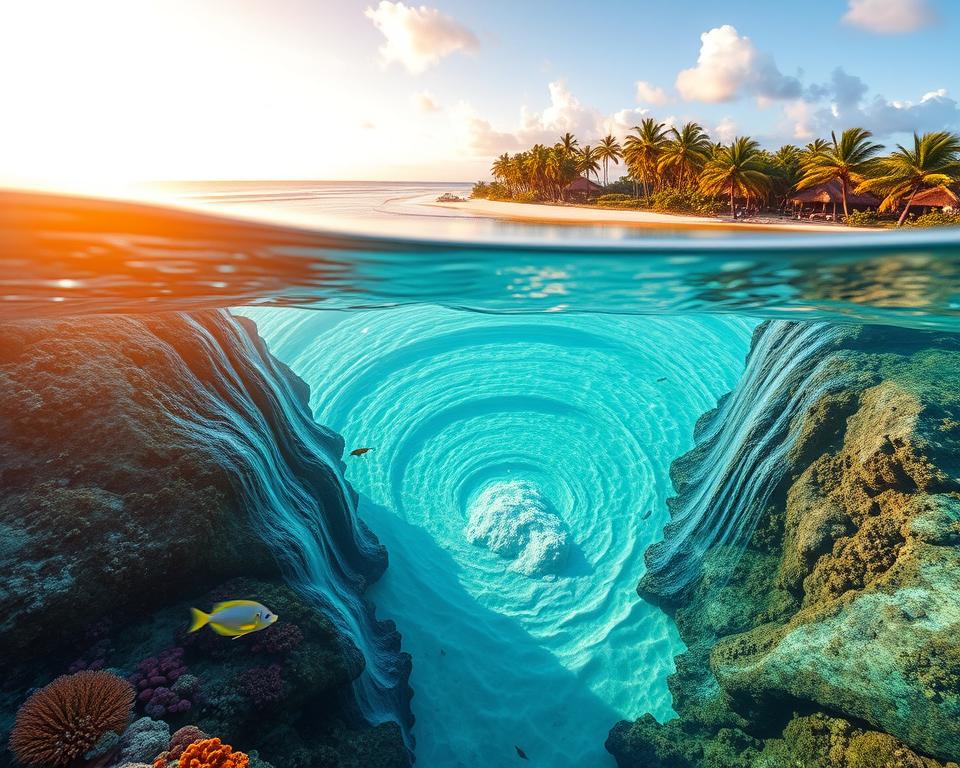 A stunning aerial view of the underwater waterfall illusion near Mauritius, showcasing intricate patterns of blue and turquoise water cascading downwards, creating a mesmerizing optical effect. In the foreground, vibrant coral reefs and tropical fish can be seen swimming, adding life and color. The middle layer captures the swirling currents of sand and silt, enhancing the illusion of a waterfall beneath the sea. In the background, the pristine shorelines of Mauritius, with lush green palm trees and white sandy beaches, are bathed in warm, golden sunlight. The atmosphere is tranquil yet awe-inspiring, evoking a sense of wonder and exploration. The image is captured with a high-resolution lens, emphasizing clarity and detail, particularly in the water textures.