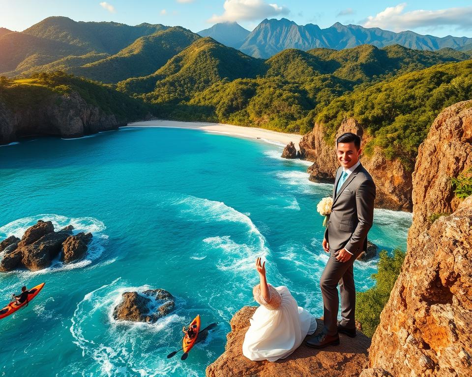 A stunning and adventurous wedding destination scene set on a breathtaking coastline. In the foreground, a newlywed couple, dressed in elegant yet modest wedding attire, smiles joyfully while exploring dramatic cliffs. The middle ground features a vivid turquoise ocean, crashing against rocks, with adventurous activities like kayaking and zip-lining in action. In the background, lush tropical forests and majestic mountains rise against a clear blue sky, creating an atmosphere of excitement and exploration. The lighting is warm and golden, hinting at sunset, adding a romantic glow to the scene. The overall mood encapsulates the thrill of adventure and the joy of a wedding journey, inviting couples to explore the world together.