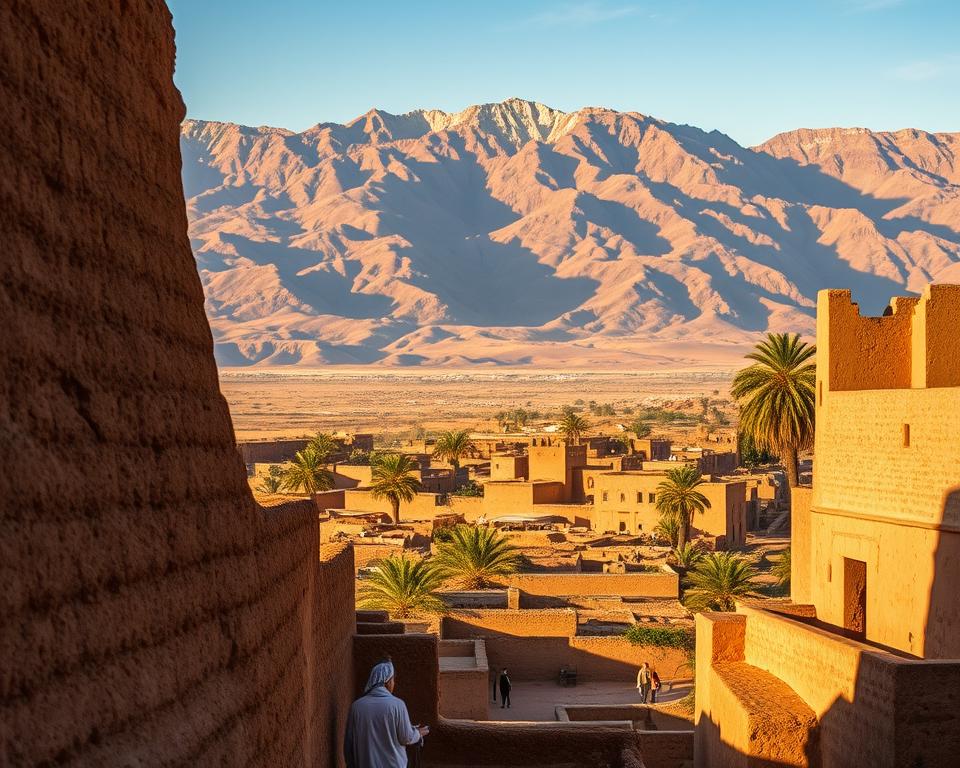 A stunning and detailed view of Ait Ben Haddou, showcasing its iconic earthen adobe structures nestled against a backdrop of the Atlas Mountains. In the foreground, emphasize the intricate textures of the traditional kasbah architecture, with sunlight casting warm hues across the walls. The middle ground features the historic village, with palm trees swaying gently and locals in modest casual clothing engaging in their daily activities. In the background, the majestic mountains rise, their peaks kissed by a clear blue sky. Capture the scene during the golden hour, with soft, golden light enhancing the rich colors of the landscape. The overall mood should convey a sense of timelessness and cultural richness, reflecting the location's significance in film and popular culture, making it an inviting and captivating destination.