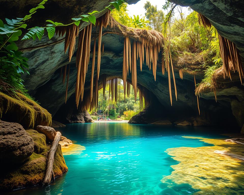 A stunning cenote in Yucatan, showcasing its unique geological features. In the foreground, clear turquoise water glimmers beneath the bright sun, surrounded by lush green foliage and moss-covered rock formations. In the middle ground, ancient stalactites hang from the cave’s open ceiling, allowing shafts of golden sunlight to filter through, illuminating the water's surface. The background reveals a dense jungle teeming with life, with vibrant flowers and distant trees creating a sense of depth. The scene captures the mystical atmosphere of the cenote, inviting exploration and curiosity. The lighting is bright and vibrant, emphasizing the natural beauty and tranquility of this hidden gem, shot from a slightly elevated perspective, providing a captivating view of the landscape.
