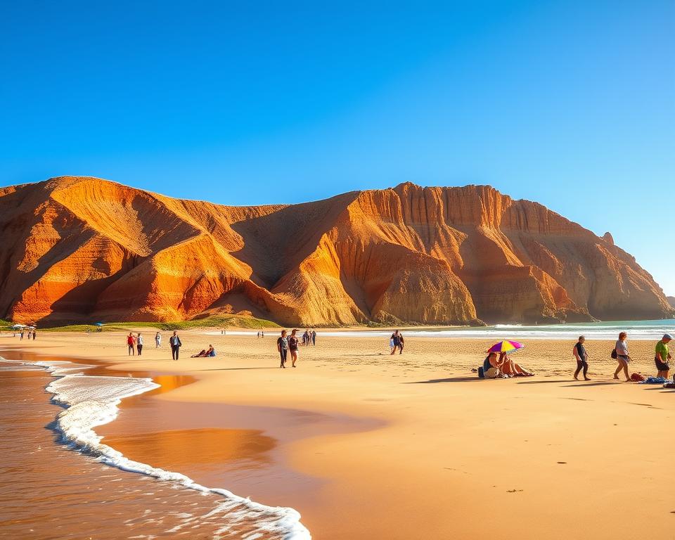A stunning coastal scene of Praia da Falesia in Portugal, showcasing the unique red and orange cliffs rising dramatically against the bright blue sky. In the foreground, gentle waves softly lap at the sandy beach, while a few scattered, brightly colored beach umbrellas provide a vibrant touch. The middle ground features people in modest casual clothing enjoying the beach—some walking, others relaxing on the sand, all looking happy and peaceful. In the background, the cliffs reflect the warm hues of the sunset, casting a soft golden light over the scene. The atmosphere feels serene and inviting, perfect for a picturesque vacation spot. The composition should be captured with a wide-angle lens, emphasizing both the majestic cliffs and the spacious beach, ensuring the lighting conveys the tranquility of a late afternoon.