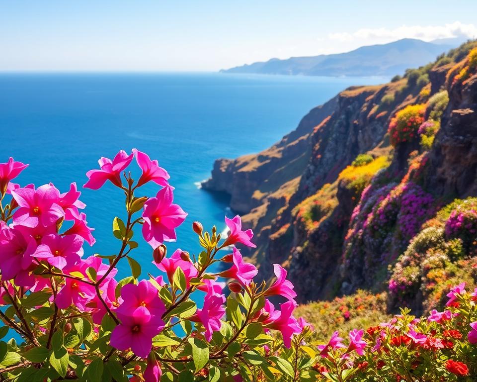 A stunning coastal scene on Madeira, showcasing vibrant flowers in the foreground, such as bougainvillea, orchids, and geraniums, swaying gently in a light breeze. In the middle ground, capture cliffs adorned with various flowering plants cascading towards the ocean, reflecting bright, natural colors under the warm afternoon sun. The background features a serene blue sea meeting a clear sky, while distant mountains frame the horizon. Soft, golden lighting enhances the colors, creating a cheerful and inviting atmosphere. The angle should be slightly elevated, giving a panoramic view that emphasizes the stunning interaction of flora and coast, ideal for flower lovers seeking the beauty of Madeira's botanical splendor. No people or text should be present in the image.
