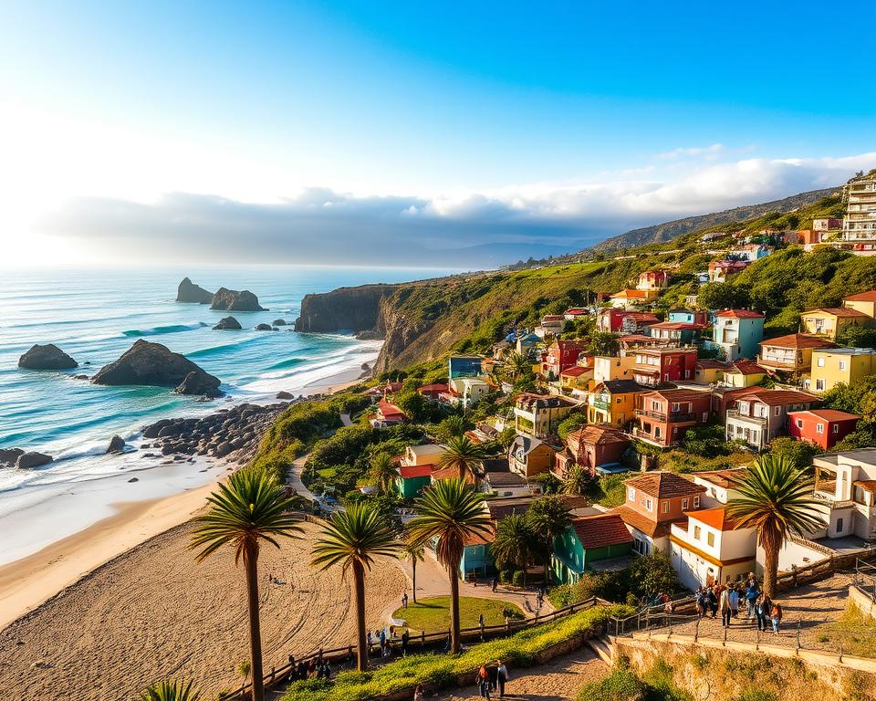 A stunning coastal view of the Chilean coastline near Valparaíso, capturing the vibrant essence of this picturesque area. In the foreground, colorful houses cascade down the hillside, each boasting distinct architectural styles, creating a lively patchwork against the lush green landscape. The middle ground features sandy beaches lined with palm trees, where locals and tourists in modest casual clothing enjoy the sun. In the background, gentle waves crash against rocky cliffs under a bright blue sky, with a hint of distant mountains shrouded in soft, rolling clouds. The image should depict golden hour lighting, casting a warm glow over the scene. The atmosphere is inviting and cheerful, embodying the spirit of adventure and relaxation that defines coastal life in Chile.