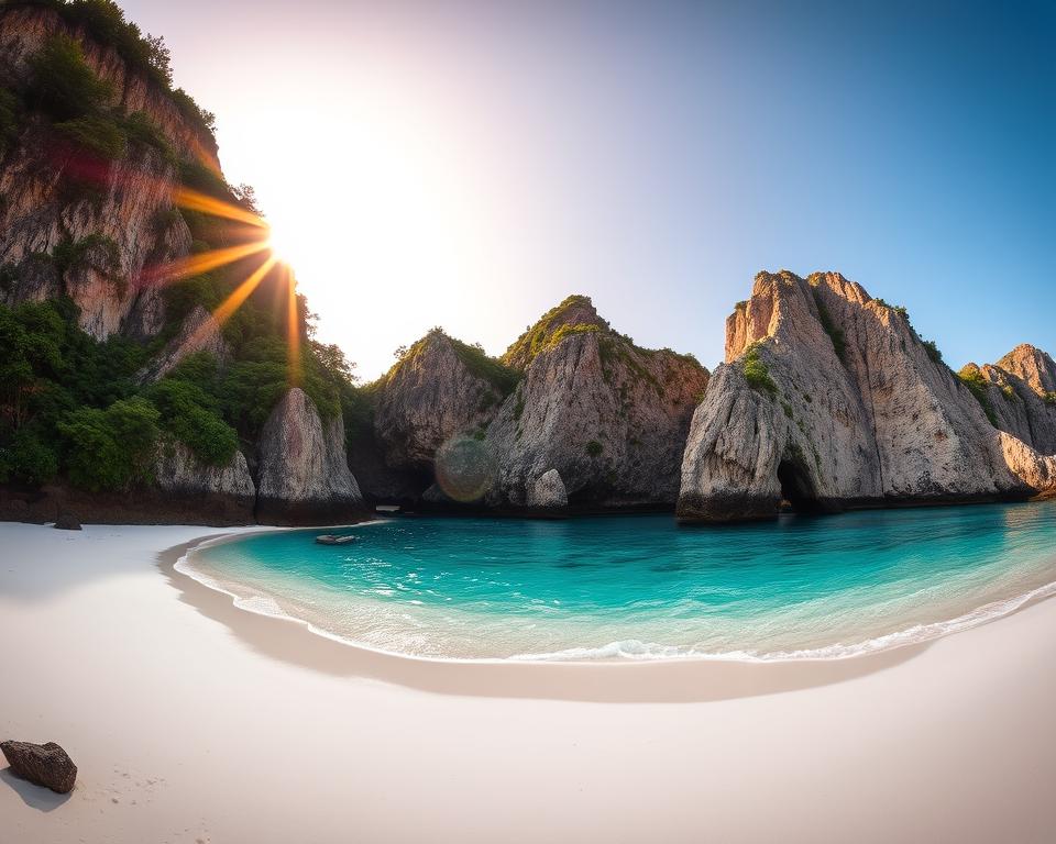 A stunning comparison of Nusa Penida's beaches, featuring the pristine Diamond Beach in the foreground, showcasing its picturesque white sands and turquoise waters. Surrounding it, contrasting elements of other beaches like Kelingking Beach with dramatic cliffs and lush greenery on one side, and the serene setting of Atuh Beach with its unique rock formations on the other. The image is bathed in the warm glow of a setting sun, casting long shadows and creating a tranquil atmosphere. A wide-angle view captures the vibrant colors of the sea and the diverse textures of the sand and vegetation. The scene should evoke a sense of adventure and natural beauty, highlighting the unique characteristics of each beach without humans present.