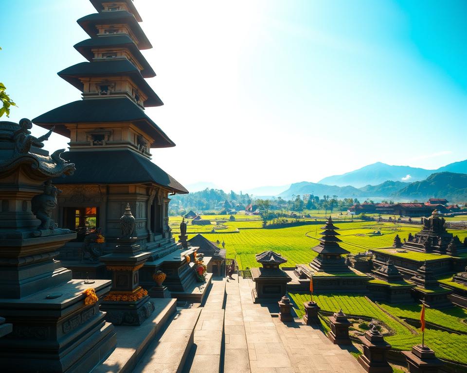 A stunning depiction of Balinese temple architecture, featuring the majestic Besakih Temple as the focal point. In the foreground, ornate stone carvings and traditional offerings adorn the steps leading to the temple. The middle ground showcases the multi-tiered thatched rooftops, each layer intricately designed in a harmonious blend of natural materials. The background reveals lush, green rice terraces under a clear blue sky, with distant volcanic mountains adding grandeur. Soft, warm sunlight illuminates the scene, creating an inviting and spiritual atmosphere, inviting contemplation. The image captures the rich symbolism and intricate details of Balinese culture, encapsulating a serene and reverent mood, perfect for appreciating the architectural beauty and meaning behind this significant temple.