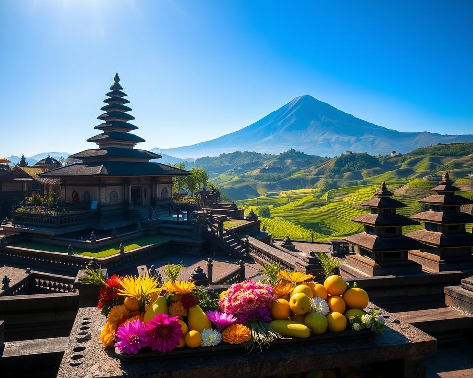 A stunning depiction of Pura Besakih, the Mother Temple of Bali, nestled on the slopes of Mount Agung. In the foreground, vibrant offerings made of flowers and fruits fill a stone altar, inviting an atmosphere of spirituality and reverence. The middle ground features the majestic temple complex with its terraced roofs and intricate carvings, bathed in the warm glow of early morning light. In the background, lush green rice terraces and the dramatic silhouette of Mount Agung rise under a clear blue sky. The scene conveys a serene and mystical mood, evoking a sense of history and mythology surrounding this sacred site. The image should be captured from a slightly elevated angle to showcase the temple's architectural details and surrounding landscape beautifully.