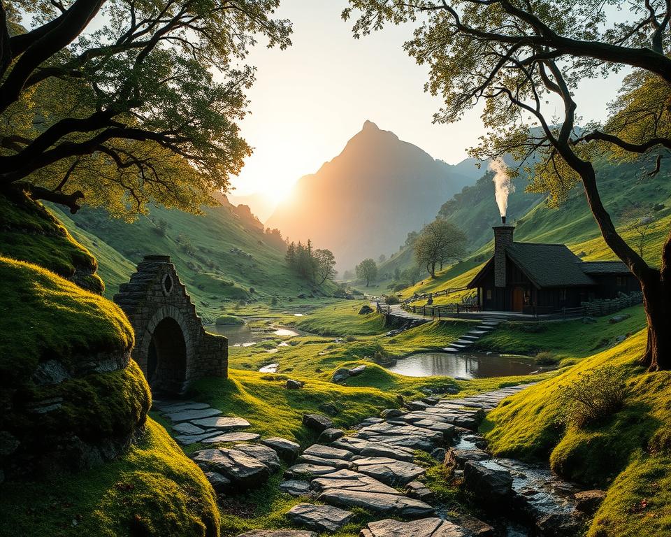 A stunning, hidden site from Middle-earth, showcasing a magical valley surrounded by lush green hills dotted with ancient trees, small streams flowing through the landscape. In the foreground, a rocky path leads to a charming stone archway, partially covered in vibrant moss. The middle ground features a quaint, rustic cottage with smoke gently rising from its chimney, nestled next to a sparkling pond reflecting the sky. In the background, majestic mountains tower under a soft golden sunset, casting warm light over the scene. The atmosphere is serene and enchanting, evoking a sense of adventure and discovery for fans of "The Lord of the Rings." Use a wide-angle lens to capture the depth of the scenery with soft sunlight filtering through the trees, creating dappled shadows.