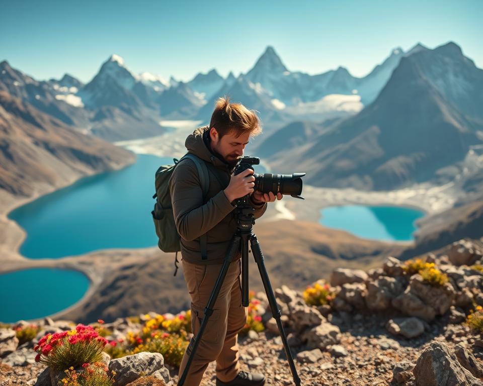 A stunning high-altitude scene showcasing the grandeur of the Andean mountains, with sharp peaks looming majestically against a clear blue sky. In the foreground, a professional photographer, dressed in rugged outdoor gear, is setting up a DSLR camera with a wide-angle lens on a tripod, capturing the breathtaking landscape. The middle ground features vibrant wildflowers and rocky terrain, leading the eye to a serene glacial lake reflecting the surrounding mountains. Soft, warm sunlight bathes the scene, creating gentle shadows and enhancing the vivid colors of the environment. The atmosphere is one of adventure and tranquility, inviting viewers to imagine the beauty of mountain photography and navigation in this stunning region of South America.