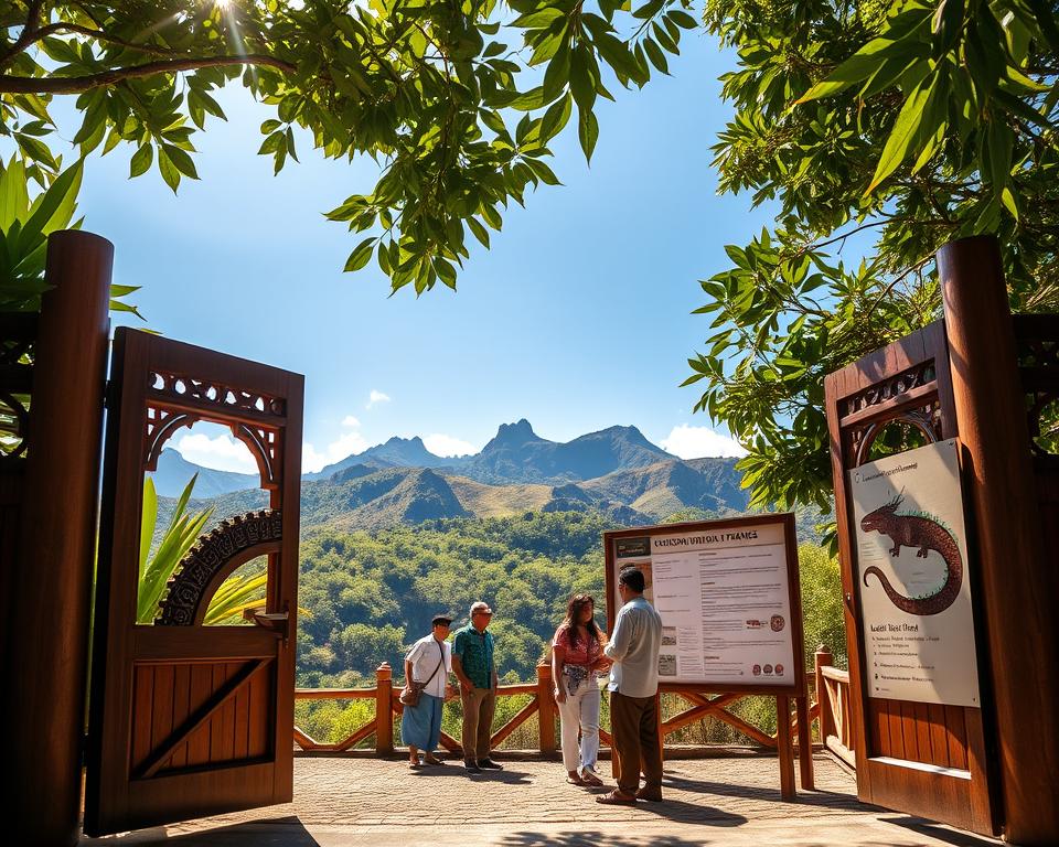 A stunning image depicting the entrance of Loh Liang in Komodo National Park, showcasing a welcoming visitor center designed in harmony with nature. In the foreground, a wooden entrance gate adorned with traditional Indonesian motifs opens to reveal vibrant tropical foliage and the iconic Komodo dragon subtly blended into the scene. The middle ground features several visitors, including a couple dressed in casual, modest attire, examining a large, informative sign detailing entrance fees and park regulations. In the background, lush hills rise under a clear blue sky, with hints of volcanic rock formations peeking through. Warm sunlight filters through the leaves, creating a tranquil and inviting atmosphere. The composition should have a slight tilt-up angle to capture the majestic landscape while keeping the focus on the entrance details. A stunning image depicting the entrance of Loh Liang in Komodo National Park, showcasing a welcoming visitor center designed in harmony with nature. In the foreground, a wooden entrance gate adorned with traditional Indonesian motifs opens to reveal vibrant tropical foliage and the iconic Komodo dragon subtly blended into the scene. The middle ground features several visitors, including a couple dressed in casual, modest attire, examining a large, informative sign detailing entrance fees and park regulations. In the background, lush hills rise under a clear blue sky, with hints of volcanic rock formations peeking through. Warm sunlight filters through the leaves, creating a tranquil and inviting atmosphere. The composition should have a slight tilt-up angle to capture the majestic landscape while keeping the focus on the entrance details.