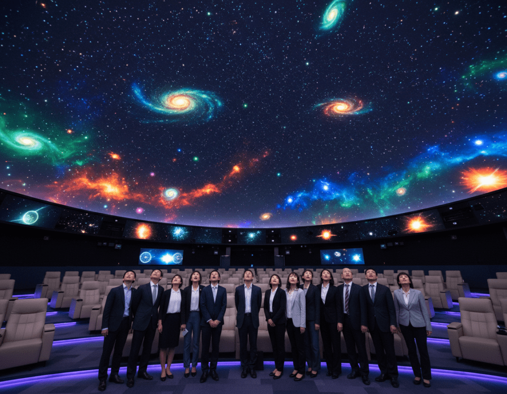 A stunning interior view of the Nagoya City Science Museum's planetarium, showcasing its dome-shaped ceiling adorned with twinkling stars and colorful celestial projections. In the foreground, a group of diverse visitors dressed in professional business attire marvels at the immersive experience, with expressions of wonder and curiosity. The middle ground features plush seating arranged in a circular layout, illuminated by soft blue and purple lighting that creates a serene atmosphere. In the background, large screens display captivating astronomical visuals, enhancing the sense of exploration. The scene is captured from a low angle, emphasizing the grandeur of the dome while maintaining a tranquil ambiance, inviting viewers to delve into the mysteries of the universe.
