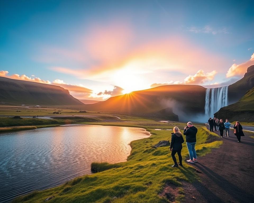 A stunning landscape depicting the "Golden Circle" in Iceland, featuring iconic locations such as Þingvellir National Park and Geysir with vibrant geothermal features. In the foreground, a serene lake reflects the vivid colors of the sky at sunrise, casting soft golden light on the landscape. The middle ground displays the dramatic cliffs and lush greenery surrounding the park, with visitors in modest casual clothing capturing photographs. The background reveals a cascading waterfall, illuminated by gentle sunlight peeking through the clouds. The atmosphere is tranquil yet exhilarating, embodying the beauty of nature at its best with a focus on warm, inviting light. Captured from a slight elevation with a wide-angle lens to enhance the expansive scenery.