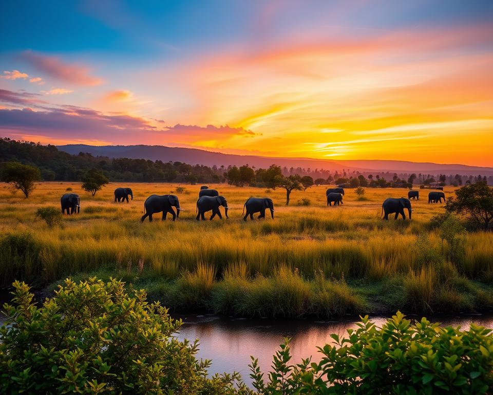 A stunning landscape of Chitwan Nationalpark in Nepal, showcasing a vibrant sunset over the majestic grasslands. In the foreground, a serene river reflects the warm hues of dusk, with lush green shrubs peeking around its banks. The middle ground features a herd of wild elephants grazing peacefully, elegantly framed by tall grasses and scattered acacia trees. In the background, the silhouette of the dense jungle and distant hills create a captivating contrast against the colorful sky. The scene is bathed in golden hour lighting, enhancing the rich textures of the foliage and animals. Capturing the essence of tranquility and natural beauty, this image evokes a sense of wonder and adventure, perfect for illustrating the best photography spots within Chitwan Nationalpark.