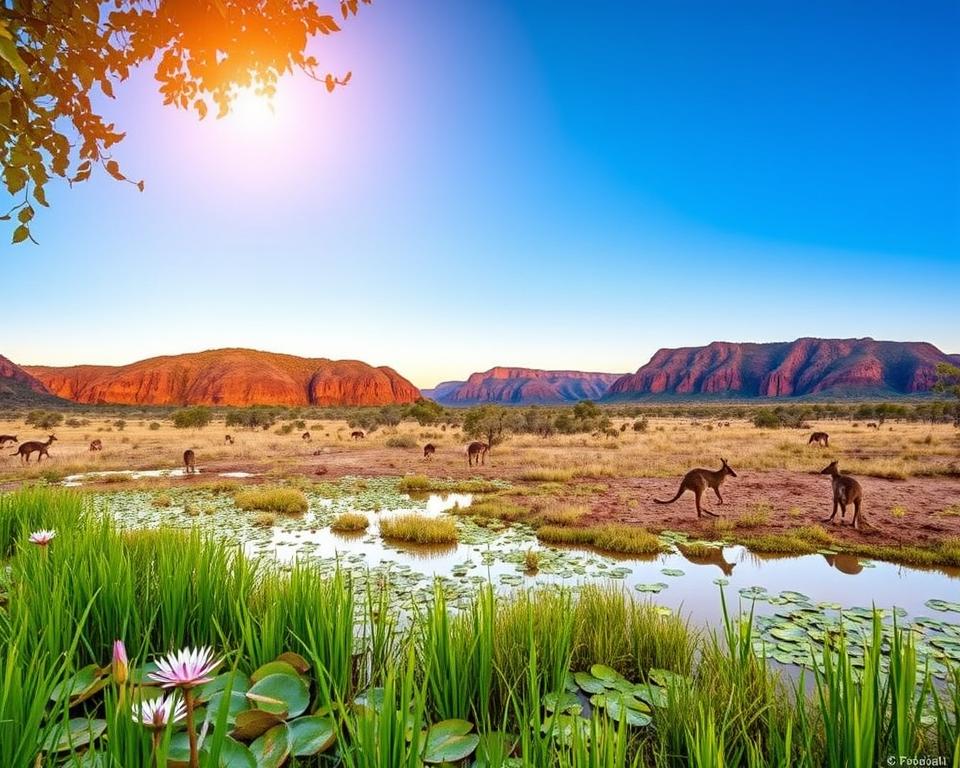 A stunning landscape of Kakadu National Park, showcasing its top attractions. In the foreground, a vibrant Yellow Water Billabong, dotted with water lilies and framed by lush green reeds. The middle ground features iconic Aboriginal rock art on sandstone cliffs, highlighted under the warm golden glow of the afternoon sun. In the background, expansive floodplains stretch towards dramatic escarpments, where the sky transitions from deep blue to soft sunset hues. The scene is tranquil, capturing the serenity of nature, with a few kangaroos grazing peacefully. The view is captured from a low angle, emphasizing the diversity of flora and the grandeur of the cliffs. Overall, the atmosphere is one of exploration and awe, reflecting the beauty and cultural significance of this unique landscape.