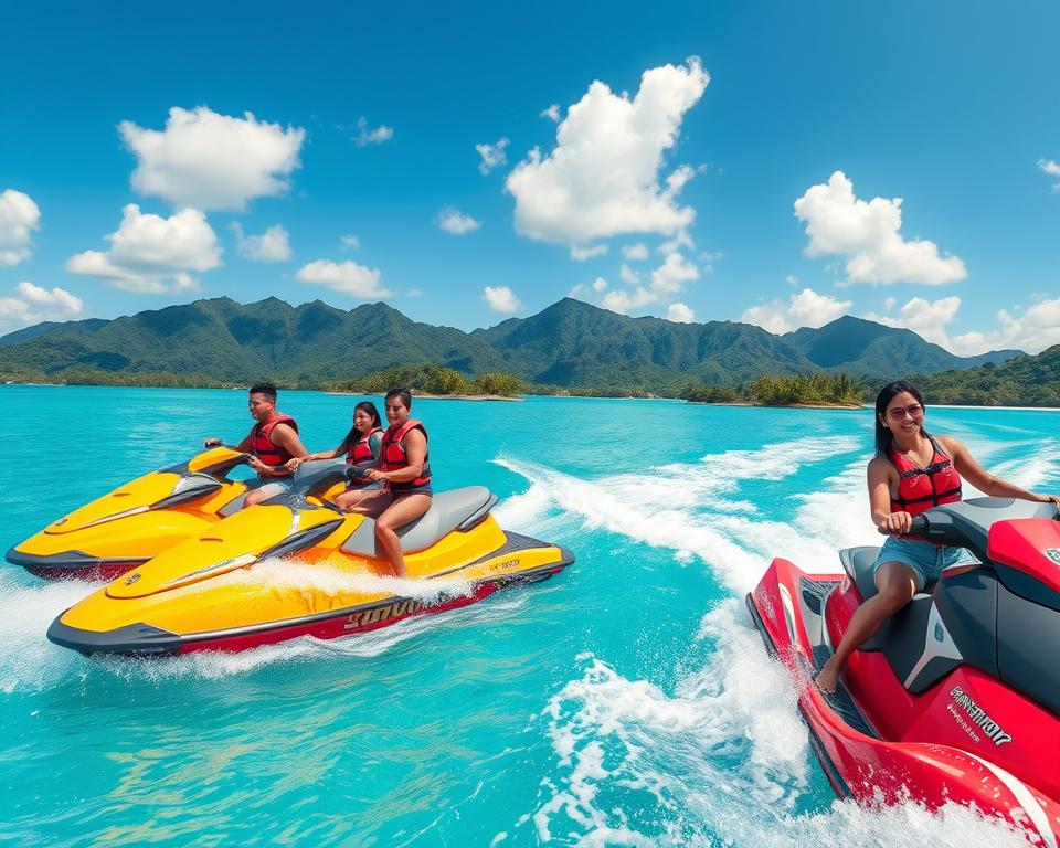 A stunning landscape of Langkawi's island-hopping adventure, featuring a vibrant turquoise sea with white sandy beaches in the foreground. Brightly colored jet skis zipping through the water, with a group of travelers dressed in modest casual clothing, wearing life vests and smiling as they enjoy the thrill of the ride. In the middle ground, small lush islands with tropical vegetation dot the landscape, framed by clear blue skies with fluffy white clouds. The background showcases the majestic mountains of Langkawi, covered in greenery. The lighting is bright and sunny, emphasizing the tropical paradise atmosphere, shot from a slightly elevated angle to capture the entire scene's vibrancy and adventure.