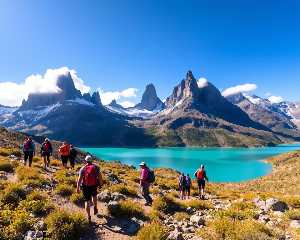 A stunning landscape of Torres del Paine National Park during a picturesque day hike. In the foreground, a diverse group of hikers dressed in vibrant outdoor gear traverses a rocky trail lined with wildflowers. The middle ground features the iconic granite spires of the Cuernos del Paine rising majestically against a blue sky. A shimmering turquoise lake reflects the surrounding peaks, adding depth to the scene. In the background, the clouds gently drape over the mountains, enhancing the sense of adventure. The lighting is warm and vibrant, capturing the golden hour glow, with soft shadows that create a serene atmosphere. Shot with a wide-angle lens to emphasize the grandeur of the landscape, evoking a sense of exploration and connection with nature.