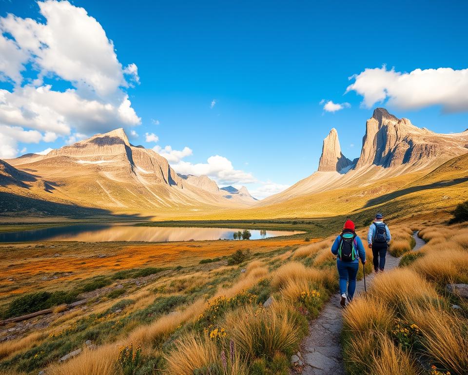 A stunning landscape of Torres del Paine National Park during the best hiking season, showcasing the majestic granite peaks under a bright blue sky with fluffy white clouds. In the foreground, a group of moderate hikers wearing comfortable outdoor attire with backpacks traverses a winding trail lined with vibrant wildflowers and lush greenery. The middle ground features a reflective lake mirroring the towering mountains, surrounded by patches of golden grass. In the background, the iconic towers stand magnificently against the backdrop of the Andes. The scene is bathed in warm, golden light, creating a serene and inviting atmosphere. The angle captures the expansive beauty of the park, emphasizing the grand scale of the natural landscape.