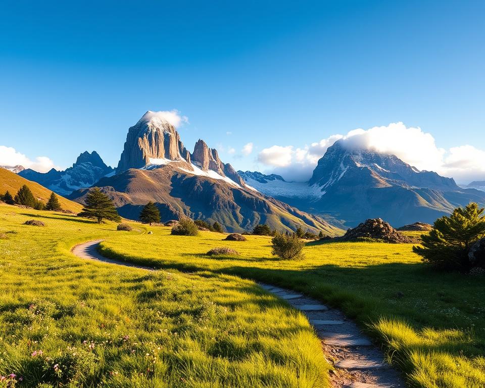A stunning landscape of Torres del Paine National Park showcasing short hiking trails. In the foreground, a well-trodden, winding trail gently curves through vibrant green grass dotted with wildflowers, inviting hikers to explore. The middle ground features rugged, granite peaks adorned with patches of snow, towering majestically against a clear blue sky. Sparse trees and bushes frame the trail, enhancing the natural beauty. In the background, the iconic Torres del Paine rise high, their jagged silhouettes contrasting with the soft clouds above. The scene is bathed in warm, golden sunlight, casting long shadows and creating a serene atmosphere perfect for daytime hiking. Emphasize the expanse and tranquility of nature, evoking a sense of adventure and exploration.