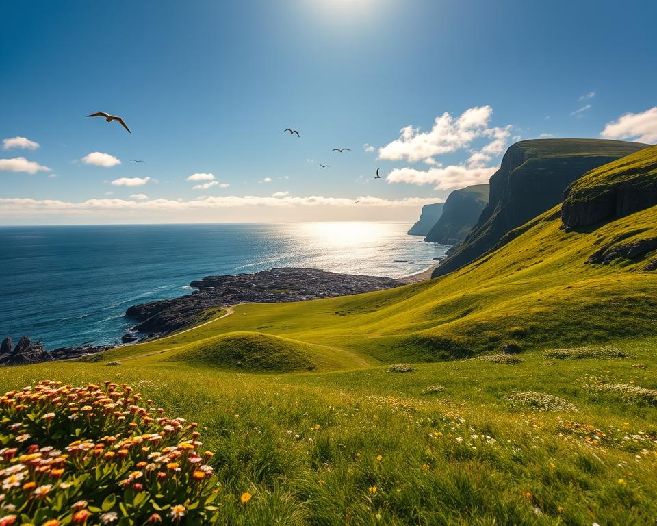 A stunning landscape of Witless Bay Ecological Reserve, showcasing a vibrant coastal scene. In the foreground, gently rolling green hills dotted with wildflowers, leading to a rocky shoreline. The middle ground features dramatic cliffs rising above the Atlantic Ocean, with seabirds soaring gracefully in the sky. The background presents a clear blue sky, scattered with soft white clouds, and the shimmering water reflecting sunlight. Capture this moment in golden hour lighting to evoke a serene and uplifting mood, using a wide-angle lens to capture the expansive beauty of the reserve. The atmosphere is tranquil, inviting viewers to explore the natural splendor of Newfoundland's coastline.