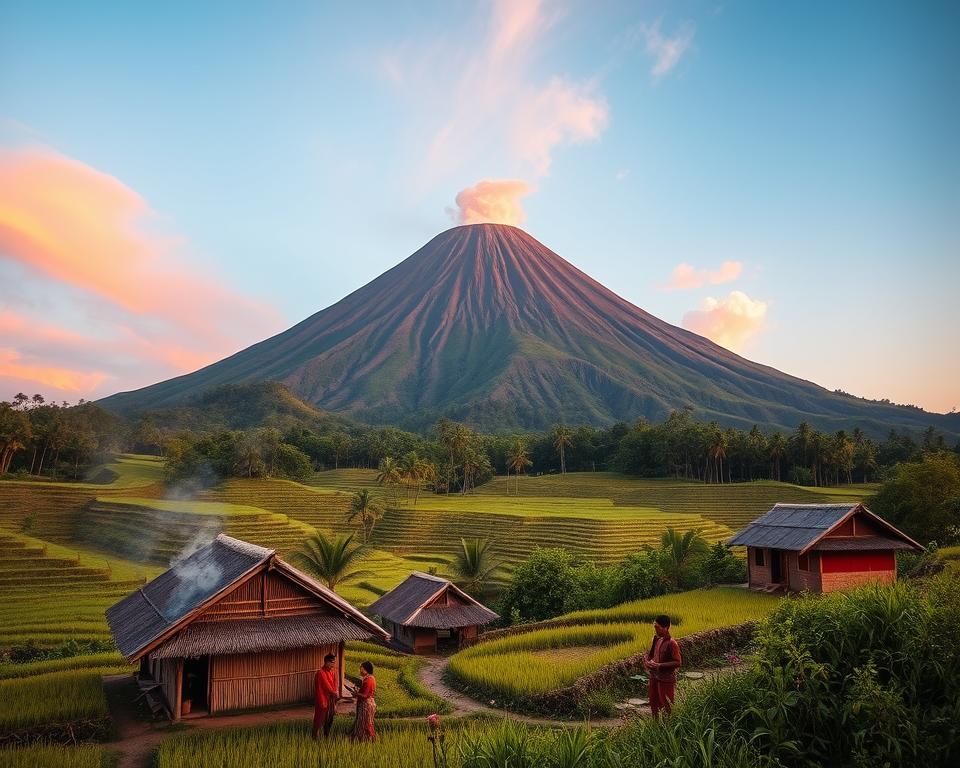 A stunning landscape of an Indonesian volcano at sunrise, showcasing its majestic form towering over lush, green terraced rice fields. In the foreground, include a traditional Indonesian village with modest houses made from bamboo and thatch, reflecting the cultural significance of the volcano. Villagers dressed in modest traditional attire engage in daily activities, such as farming and preparing offerings. In the middle ground, rich vegetation thrives around the volcano, with smoke gently rising from its crater, suggesting its active nature. The background features a clear blue sky with warm hues of orange and pink from the early sun, casting a serene and reverent atmosphere. Emphasize a wide-angle view to capture the grandeur and cultural connection of the people to the volcano, with soft, natural lighting. A stunning landscape of an Indonesian volcano at sunrise, showcasing its majestic form towering over lush, green terraced rice fields. In the foreground, include a traditional Indonesian village with modest houses made from bamboo and thatch, reflecting the cultural significance of the volcano. Villagers dressed in modest traditional attire engage in daily activities, such as farming and preparing offerings. In the middle ground, rich vegetation thrives around the volcano, with smoke gently rising from its crater, suggesting its active nature. The background features a clear blue sky with warm hues of orange and pink from the early sun, casting a serene and reverent atmosphere. Emphasize a wide-angle view to capture the grandeur and cultural connection of the people to the volcano, with soft, natural lighting.