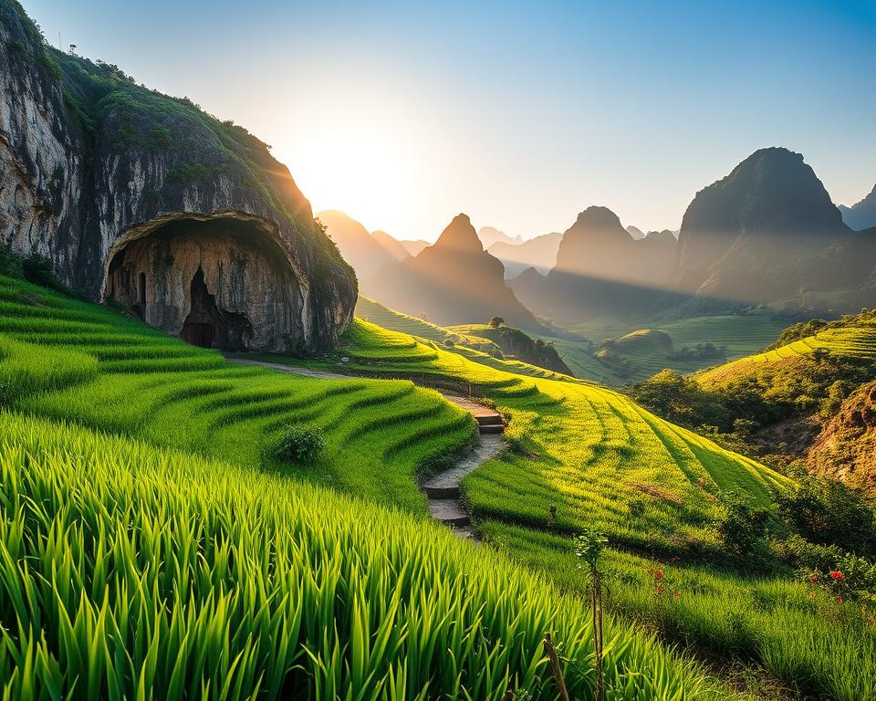 A stunning landscape showcasing the Mua Caves in Vietnam during the best travel season. In the foreground, lush green rice terraces glisten with morning dew, framing the entrance of the caves, which are adorned with intricate stone formations. The middle ground features a winding path leading to the caves, dotted with vibrant wildflowers and gentle rolling hills. In the background, majestic limestone karsts rise against a clear blue sky, with soft, golden sunlight illuminating the scene, casting long shadows and creating a warm, inviting atmosphere. The image captures a peaceful dawn, evoking a sense of wonder and adventure, perfect for exploration and discovery.