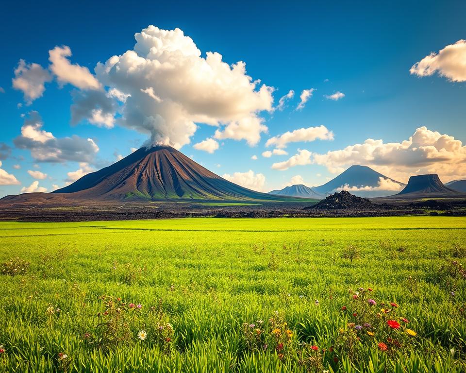 A stunning landscape showcasing the volcanic resources of Indonesia. In the foreground, vivid green, lush fields of fertile soil, rich in nutrients, speckled with colorful wildflowers swaying gently in the breeze. The middle ground features majestic, smoking volcanoes with distinct lava flows and rocky terrains, casting shadows across the land. Geothermal steam rises from vents, creating a mystical ambiance. In the background, a blue sky dotted with fluffy white clouds, illuminated by warm golden sunlight, enhances the scene. Capture an atmospheric mood that emphasizes the power and beauty of nature, with a focus on the dynamic interplay between volcanic activity and fertile landscape. Use a wide-angle lens to encompass the grand scale of the volcanoes in relation to the vibrant fields. A stunning landscape showcasing the volcanic resources of Indonesia. In the foreground, vivid green, lush fields of fertile soil, rich in nutrients, speckled with colorful wildflowers swaying gently in the breeze. The middle ground features majestic, smoking volcanoes with distinct lava flows and rocky terrains, casting shadows across the land. Geothermal steam rises from vents, creating a mystical ambiance. In the background, a blue sky dotted with fluffy white clouds, illuminated by warm golden sunlight, enhances the scene. Capture an atmospheric mood that emphasizes the power and beauty of nature, with a focus on the dynamic interplay between volcanic activity and fertile landscape. Use a wide-angle lens to encompass the grand scale of the volcanoes in relation to the vibrant fields.