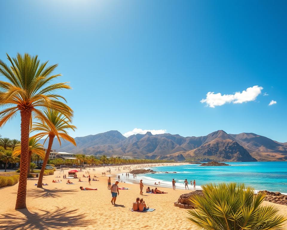 A stunning landscape view of the warmest regions of the Canary Islands, with a focus on golden sandy beaches and crystal-clear turquoise waters. In the foreground, vibrant palm trees sway gently in the sunlight, creating a tropical paradise feel. The middle ground features sunbathers relaxing on the beach, dressed in modest casual clothing, enjoying the warmth and sunshine. The background showcases rugged volcanic mountains and bright blue skies, filled with a few fluffy white clouds drifting lazily. The scene is illuminated by bright, golden sunlight, creating a warm and inviting atmosphere. Use a wide-angle lens perspective to capture the expansive beauty and tranquility of this sun-soaked destination, evoking a sense of relaxation and bliss.
