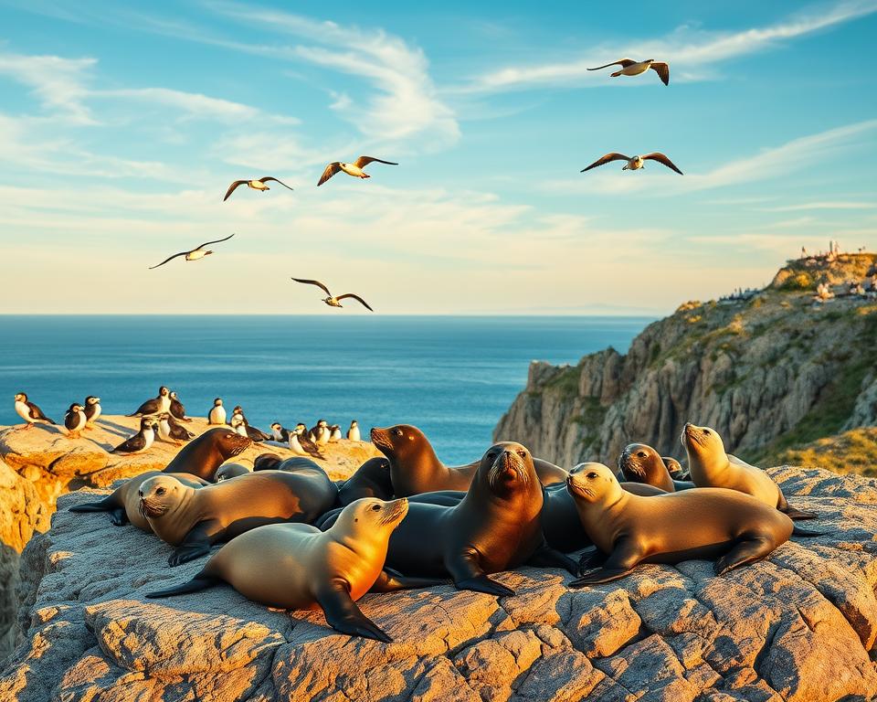 A stunning natural scene depicting the rich biodiversity of the White Sea. In the foreground, a family of playful seals lounges on a rocky outcrop, their sleek bodies glistening in the soft, golden light of the early morning sun. In the middle ground, a diverse array of seabirds, including puffins and gulls, soar gracefully above and nest on the rugged cliffs. In the background, the tranquil expanse of the White Sea shimmers under a clear blue sky with wispy clouds. The atmosphere is serene, evoking a sense of wonder and tranquility. The composition should be captured from a low angle, emphasizing the animals and their natural habitat while showcasing the vibrant colors of nature. The lighting is warm, enhancing the peaceful mood of the scene. A stunning natural scene depicting the rich biodiversity of the White Sea. In the foreground, a family of playful seals lounges on a rocky outcrop, their sleek bodies glistening in the soft, golden light of the early morning sun. In the middle ground, a diverse array of seabirds, including puffins and gulls, soar gracefully above and nest on the rugged cliffs. In the background, the tranquil expanse of the White Sea shimmers under a clear blue sky with wispy clouds. The atmosphere is serene, evoking a sense of wonder and tranquility. The composition should be captured from a low angle, emphasizing the animals and their natural habitat while showcasing the vibrant colors of nature. The lighting is warm, enhancing the peaceful mood of the scene.