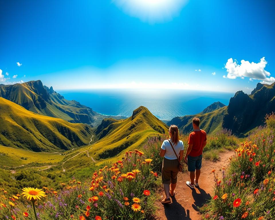 A stunning panoramic view from a hidden viewpoint in Madeira, showcasing lush green hills and dramatic cliffs bathed in golden sunlight. In the foreground, vibrant wildflowers bloom, adding splashes of color to the landscape. The middle ground features winding trails leading to the viewpoint, where a couple in modest casual clothing admires the breathtaking scenery. In the background, the Atlantic Ocean sparkles under a clear blue sky, with a few fluffy white clouds drifting by. The scene should capture the serene atmosphere of a secluded spot, evoking a sense of wonder and tranquility, shot with a wide-angle lens to emphasize the expansive vistas.